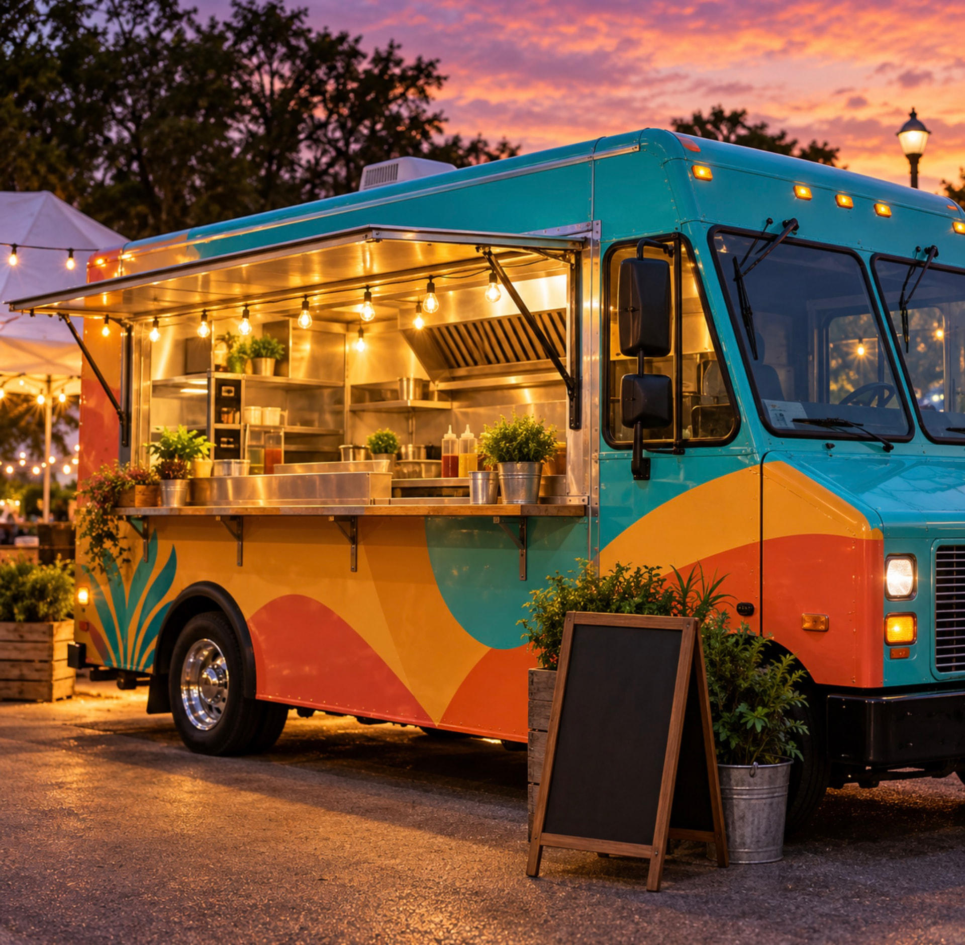 A colorful food truck open for business at sunset