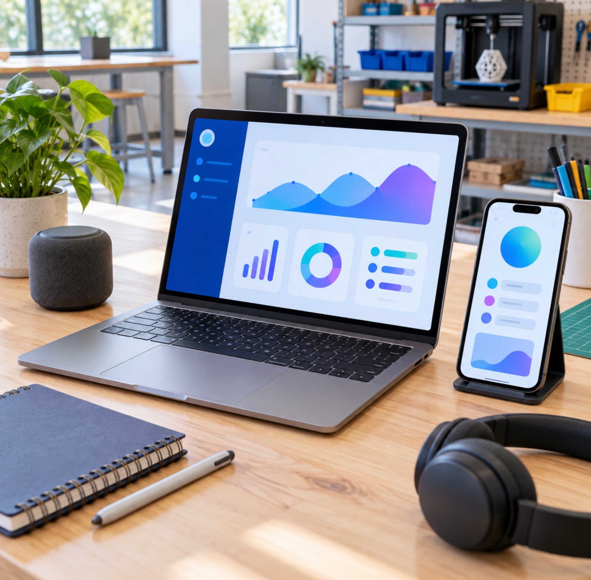 A laptop and phone showing app dashboards on a desk